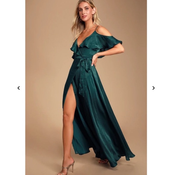 NWT Lulu’s Moriah Emerald Green Satin Wrap Maxi Dress - Picture 2 of 10